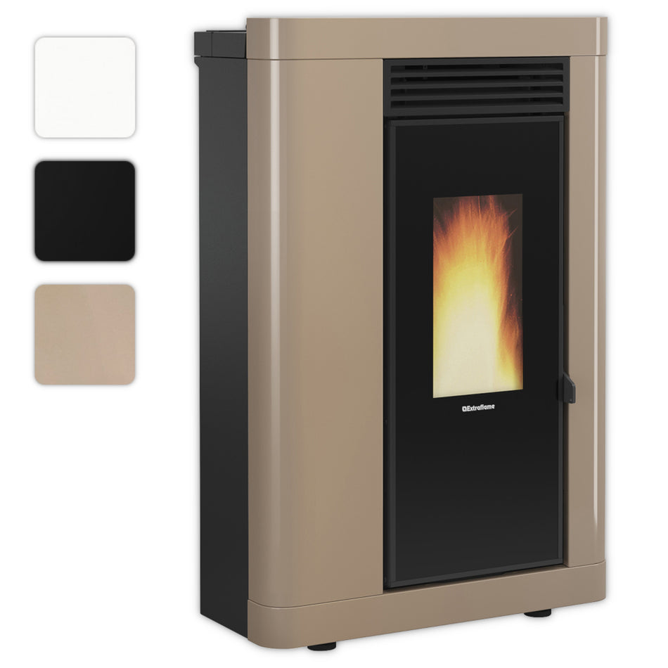Farbwahlbild: schmaler Extraflame Pelletofen ANNABELLA AD EVO in matt Taupe mit schwarzer Front und hohem Sichtfenster mit Flamme, abgerundete Seiten | Klimaworld.com
