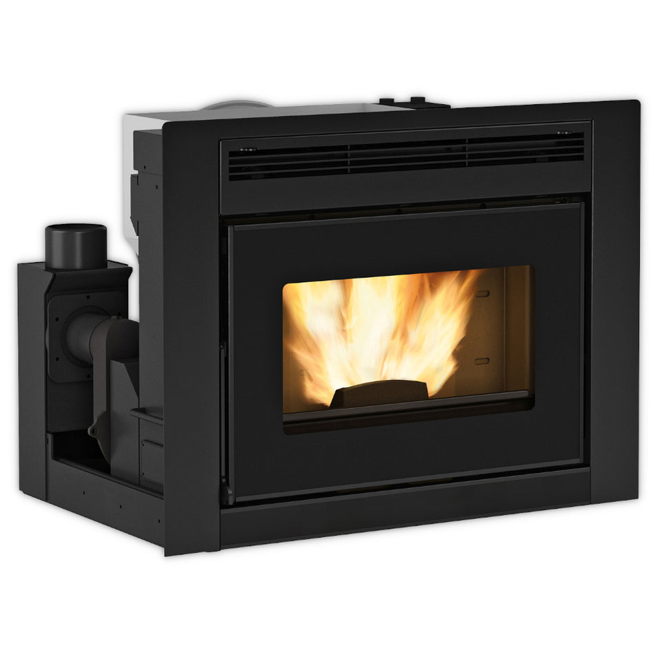 Extraflame wasserfuehrender Pellet-Kamineinsatz COMFORT IDRO L80.16 mit grossem Sichtfenster, schwarze Stahlfront, sichtbare Flamme | Klimaworld.com
