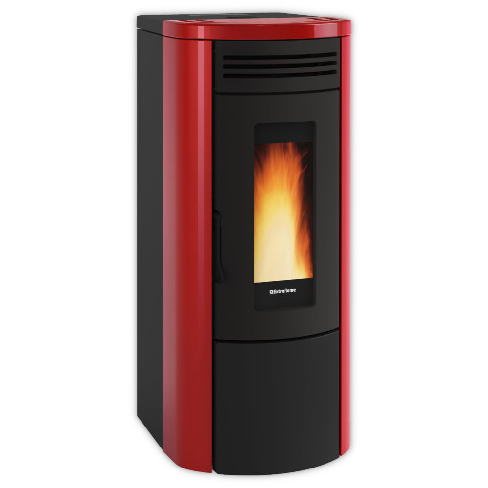 Extraflame COSTANZA IDRO 5.0 Pelletofen in Rot mit schmaler Sichtscheibe, sichtbare Flammen | Klimaworld.com
