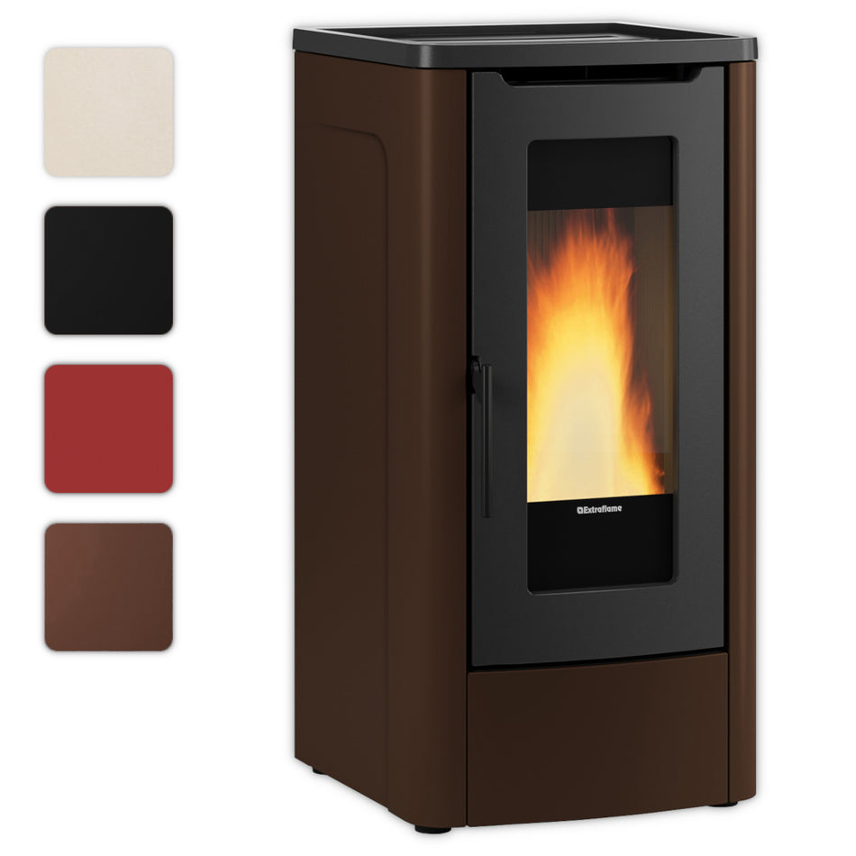 Farbwahlbild: Extraflame kanalisierter Pelletofen DAHIANA PLUS 5.0 EVO bronzefarbene abgerundete Seiten, schwarze Front mit Sichtfenster | Klimaworld.com

