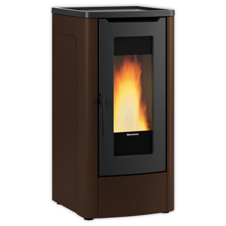 Extraflame kanalisierter Pelletofen DAHIANA PLUS 5.0 EVO bronzefarbene abgerundete Seiten, schwarze Front mit Sichtfenster | Klimaworld.com
