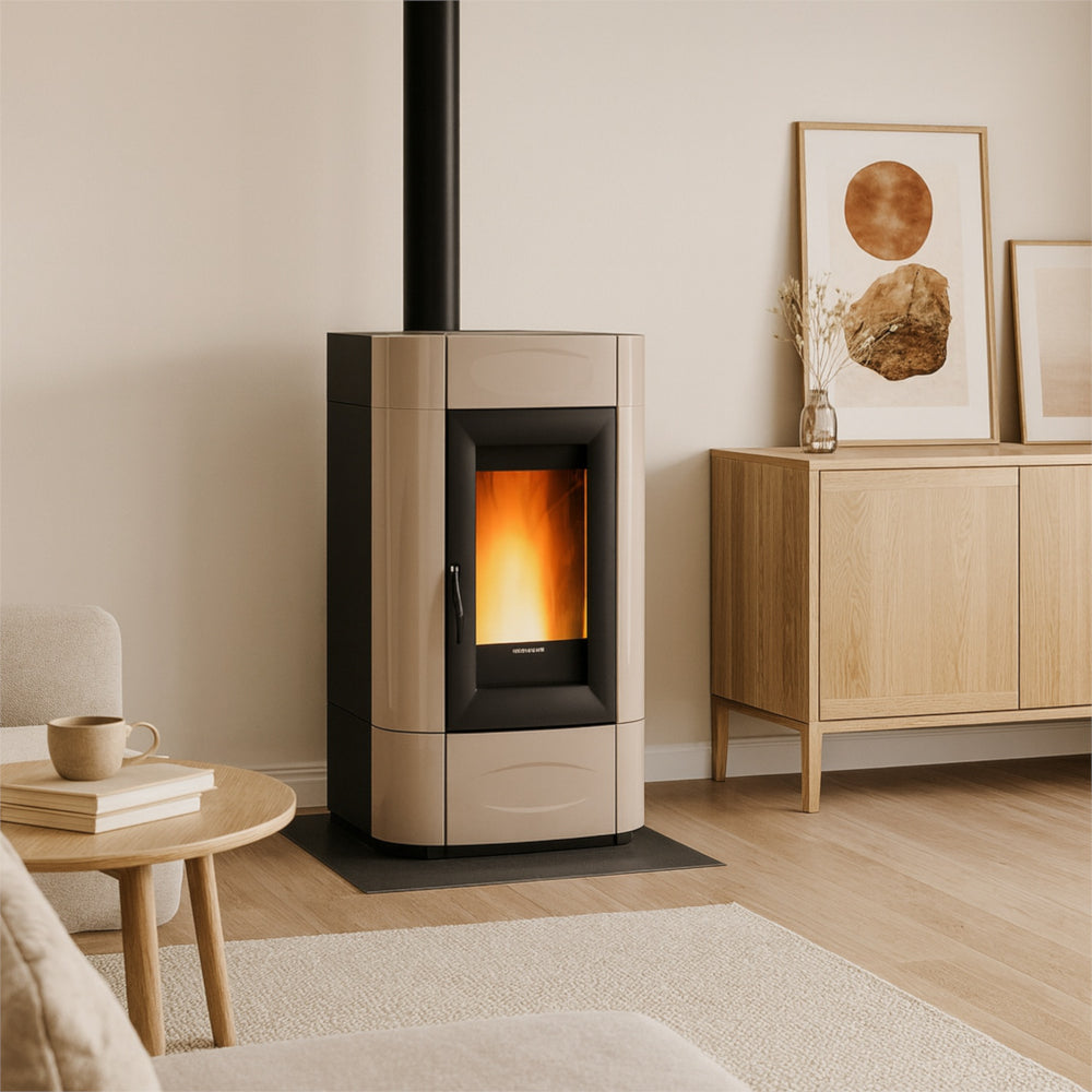 Ambientebild: Extraflame Pelletofen ISIDORA IDRO H16 5.0.16 in Taupe mit Sichtfenster, Flamme, schwarzem Rohr im hellen Wohnraum | Klimaworld.com