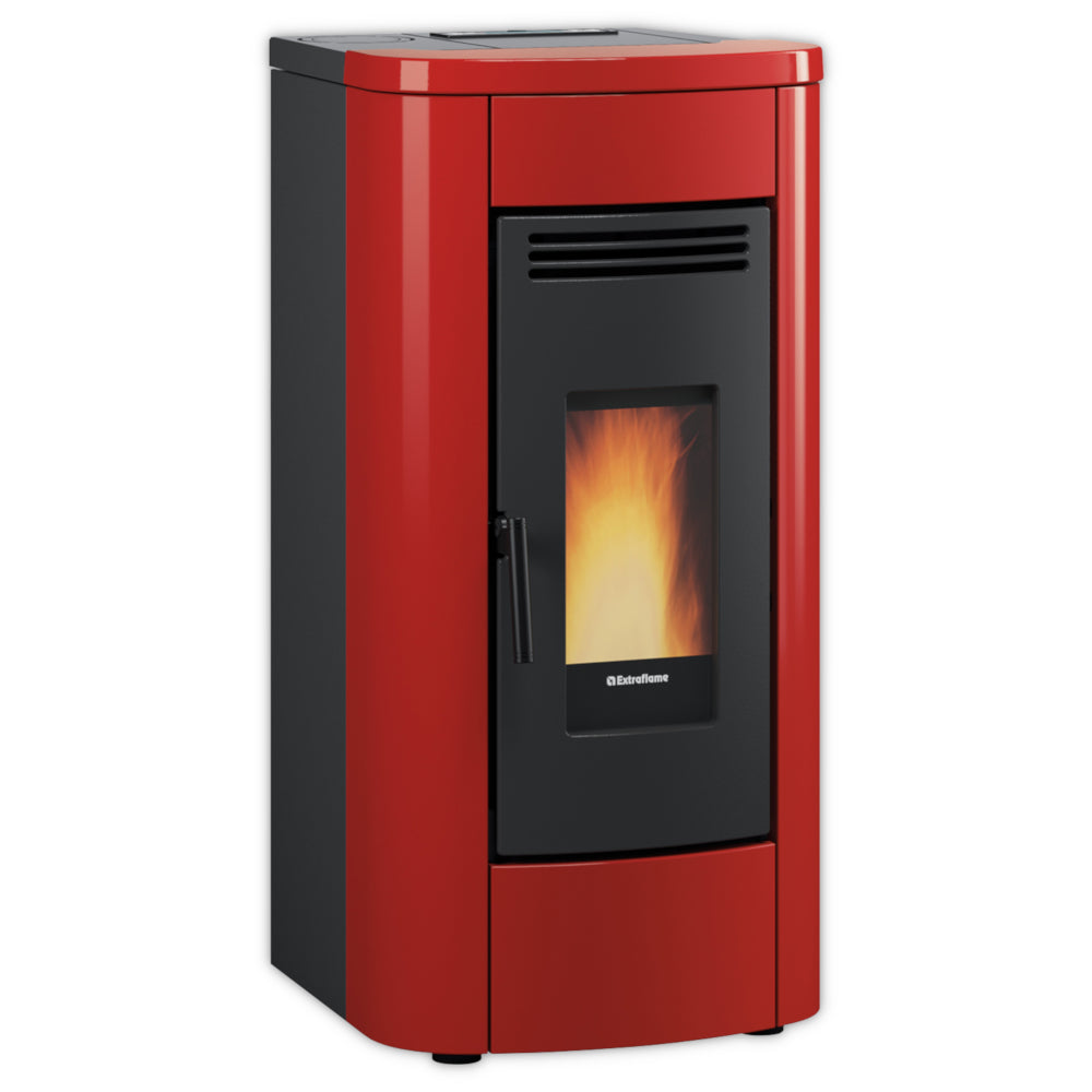 Extraflame Pelletofen KLAUDIA PLUS 5.0 EVO in Bordeaux mit schwarzer Front, Sichtfenster mit heller Flamme | Klimaworld.com

