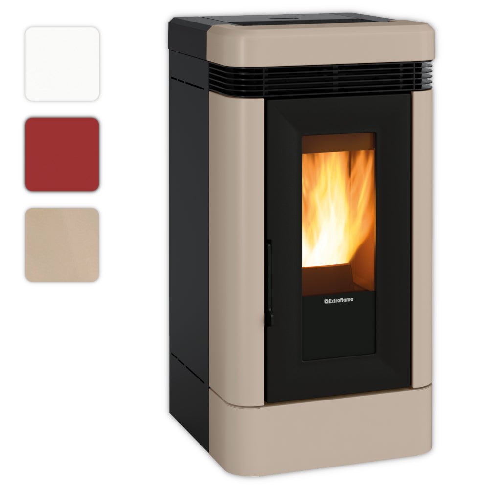 Farbwahl: Extraflame kanalisierter Pelletofen LUCIA PLUS.16 in Taupe mit schwarzer Front und Sichtfenster Flamme | Klimaworld.com
