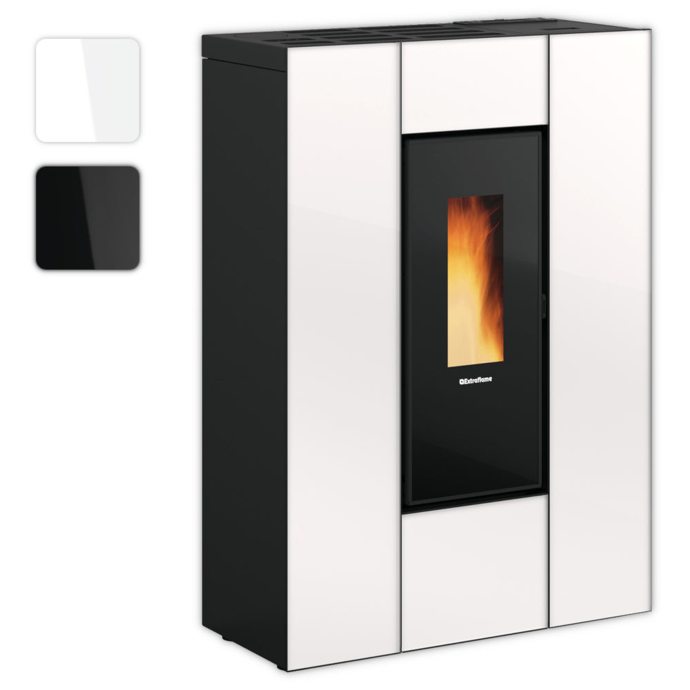 Farbwahlbild: schlanker Extraflame kanalisierter Pelletofen MARILENA PLUS CRYSTAL 5.0.16 schwarz-weisse Glasfront mit schmalem Sichtfenster | Klimaworld.com

