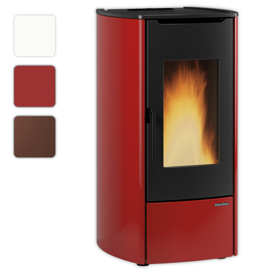 Farbwahlbild: Extraflame MARINA IDRO H11 roter wasserfuehrender Pelletofen, Sichtfenster mit Flammenbild | Klimaworld.com