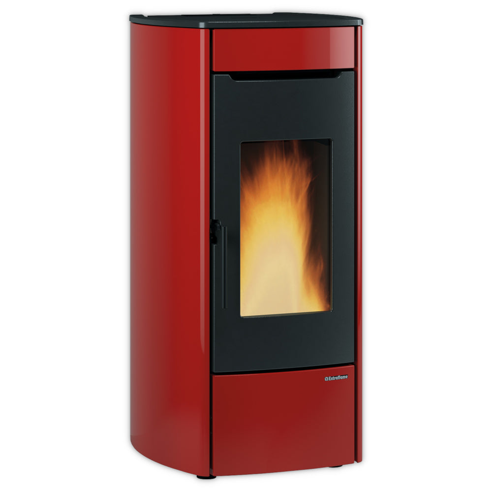 Extraflame MARINA IDRO H13 roter wasserfuehrender Pelletofen, Sichtfenster mit Flammenbild, abgerundete Seiten | Klimaworld.com