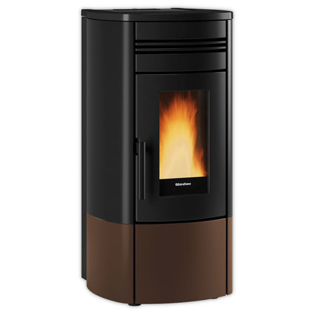 Extraflame kanalisierter Pelletofen NORIS PLUS schwarz-bronze, rundes Gehaeuse, Tuer mit Flamme | Klimaworld.com