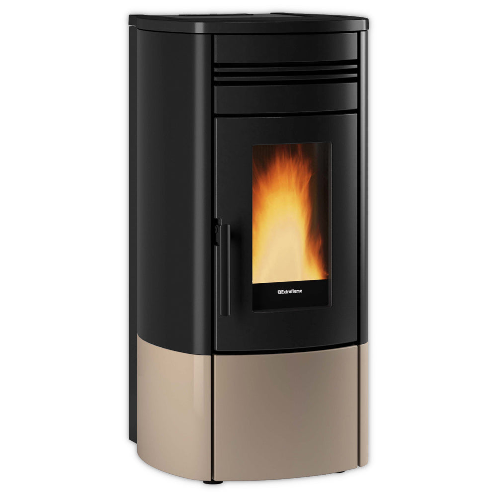 Extraflame beluefteter Pelletofen NORIS, schwarz-taupe, Sichtfenster mit Flamme, abgerundete Form | Klimaworld.com