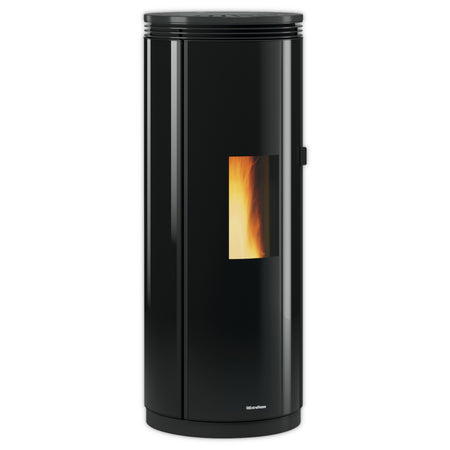 runder Extraflame beluefteter Pelletofen PAMELA CRYSTAL in Glas-Schwarz mit Seitenpanel und schmalem Sichtfenster | Klimaworld.com