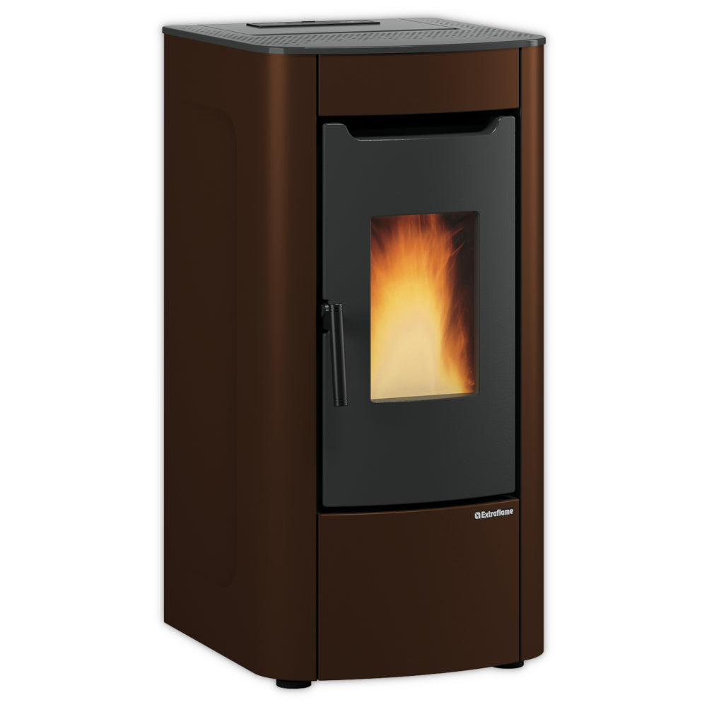 Extraflame beluefteter Pelletofen SABRY 5.0 EVO in mattem Bronze mit Sichtfenster und Flamme mit Griff, abgerundeten Seiten | Klimaworld.com
