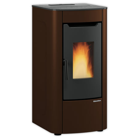 Extraflame beluefteter Pelletofen SABRY 5.0 EVO in mattem Bronze mit Sichtfenster und Flamme mit Griff, abgerundeten Seiten | Klimaworld.com

