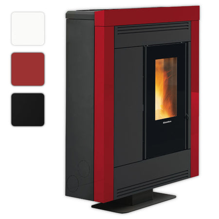 Farbwahlbild: schmaler Extraflame kanalisierter Pelletofen SOUVENIR PLUS STEEL 5.0 mit rot-schwarzer Front, Sichtscheibe und Sockel| Klimaworld.com
