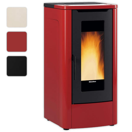Farbwahlbild: Extraflame beluefteter Pelletofen TEOREMA in Bordeaux mit schwarzer Front und hoher Sichtscheibe mit Flamme | Klimaworld.com