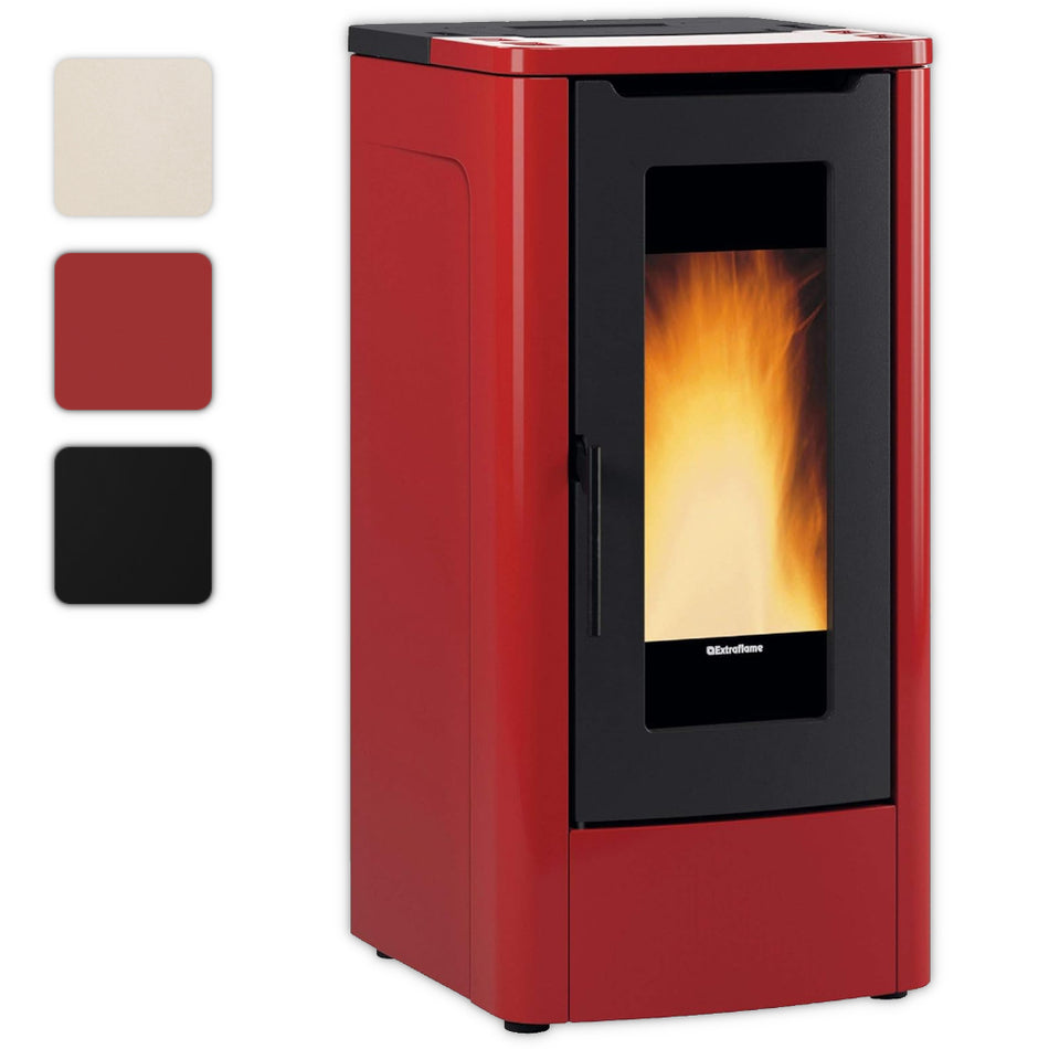 Farbwahlbild: Extraflame beluefteter Pelletofen TEOREMA in Bordeaux mit schwarzer Front und hoher Sichtscheibe mit Flamme | Klimaworld.com