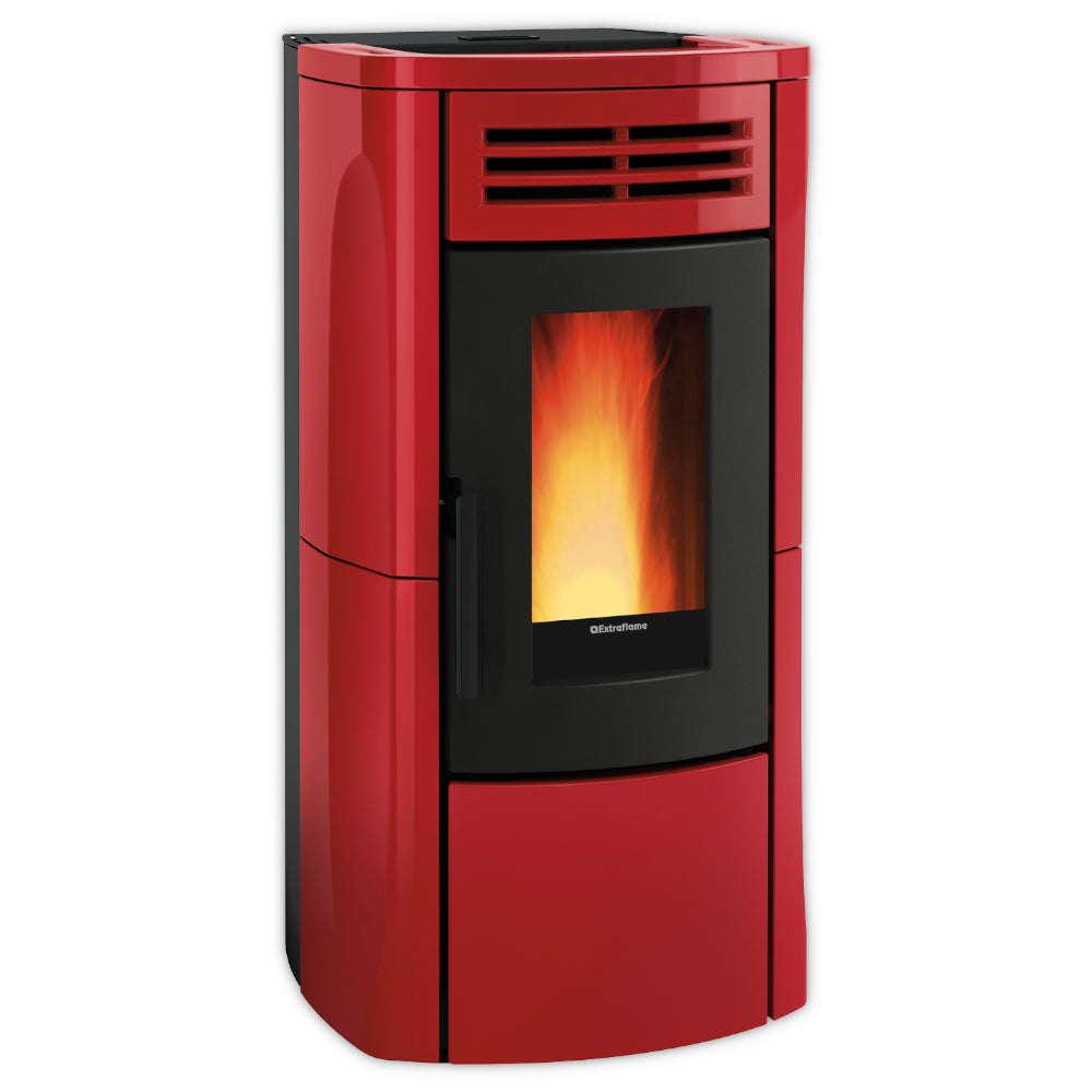 Extraflame Pelletofen TERRY PLUS in Bordeaux mit teilweise schwarzer Front, Sichtfenster mit Flamme und Gitter oben | Klimaworld.com