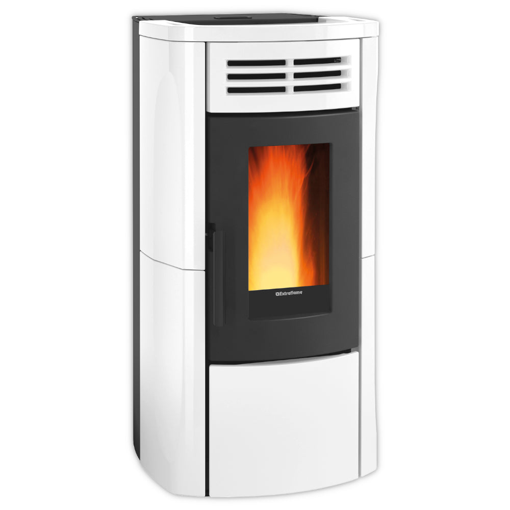 Extraflame Pelletofen TERRY PLUS in Weiss mit teilweise schwarzer Front, Sichtfenster mit Flamme und Gitter oben | Klimaworld.com