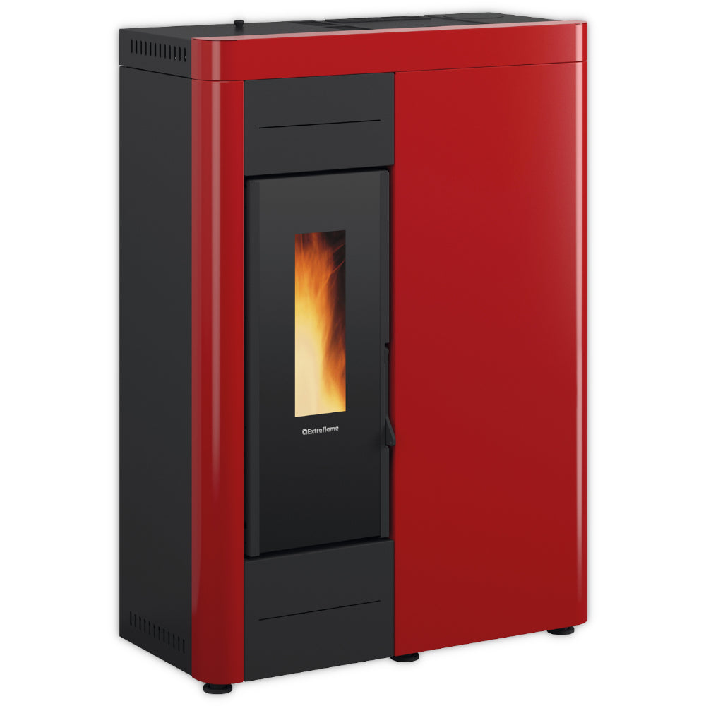 schmaler Extraflame VIRNA IDRO.16 Pelletofen in Rot mit dezentem Sichtfenster und Flamme | Klimaworld.com