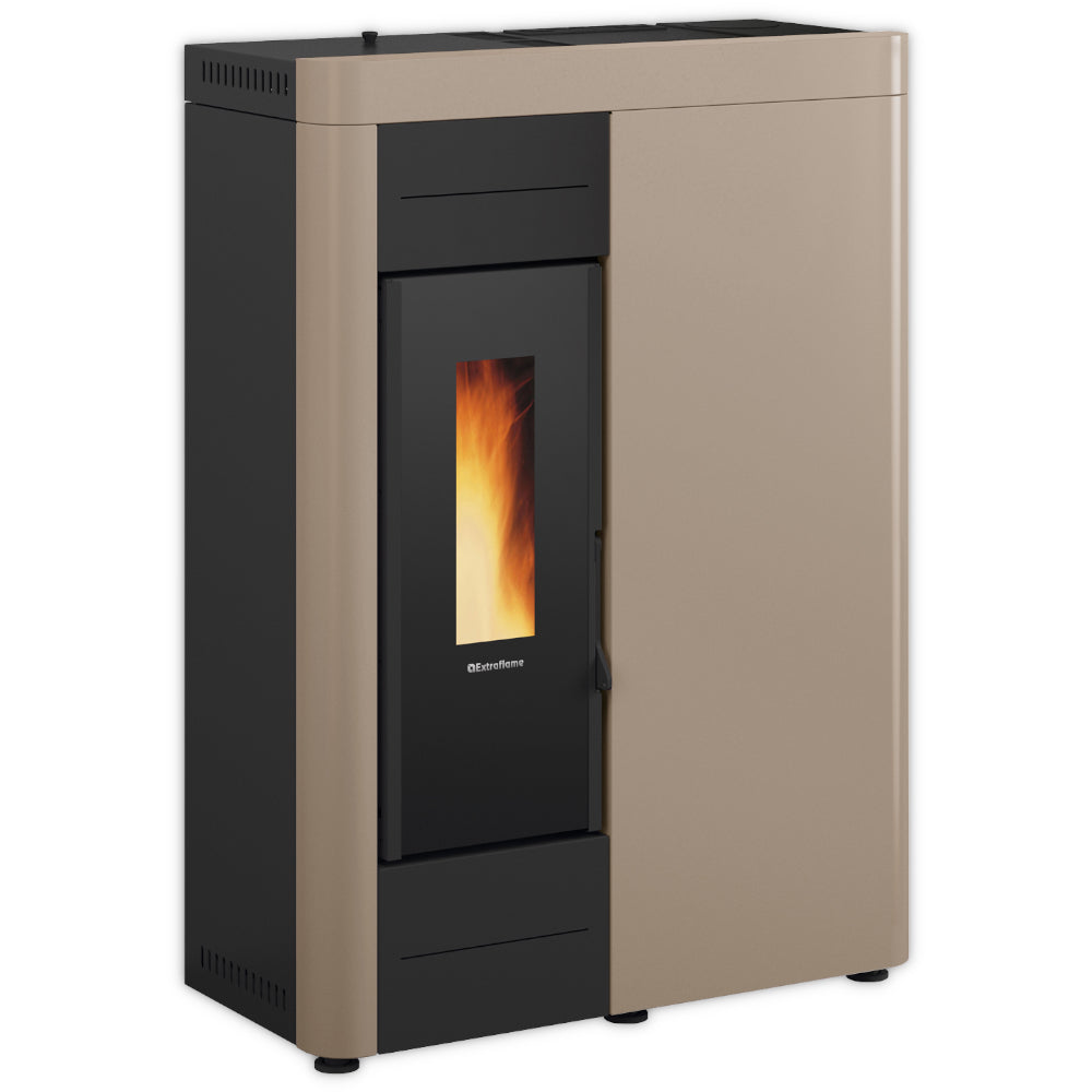 schmaler Extraflame VIRNA IDRO.16 Pelletofen in Beige mit dezentem Sichtfenster und Flamme | Klimaworld.com