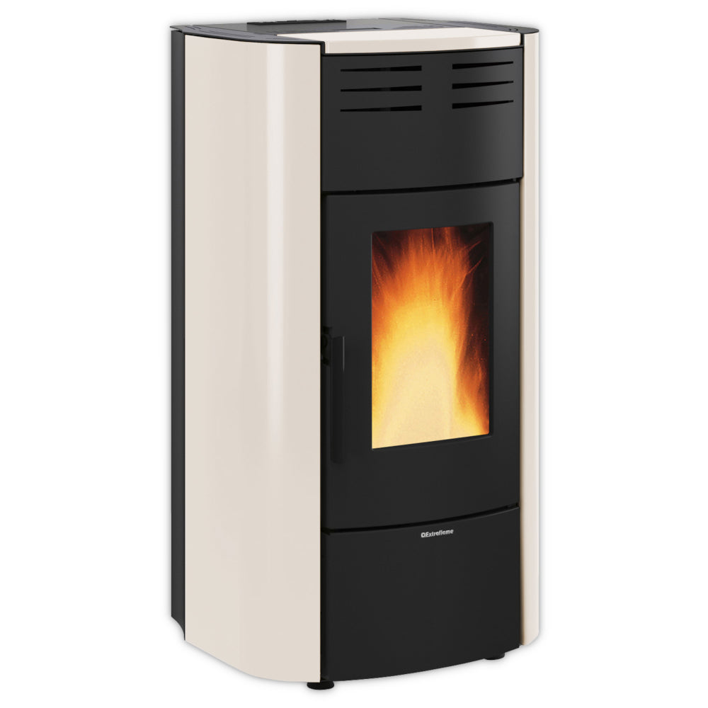 Extraflame Raffaella Idro H18 5.0.16 Pelletofen in Elfenbein-Schwarz mit Flammensicht, abgerundete Seiten | Klimaworld.com