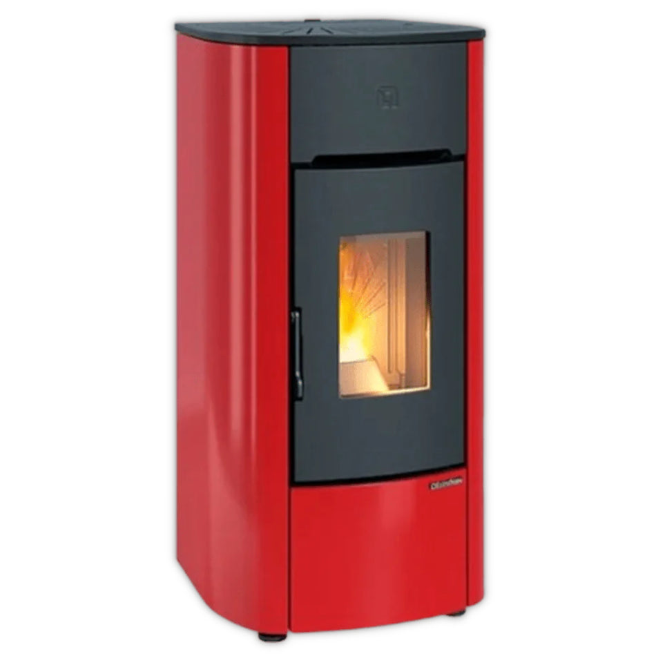 Extraflame Pelletofen ANGELICA PLUS mit schwarzer Front, Sichtfenster mit sichtbarer Flamme, abgerundete Seiten in Bordeaux | Klimaworld.com