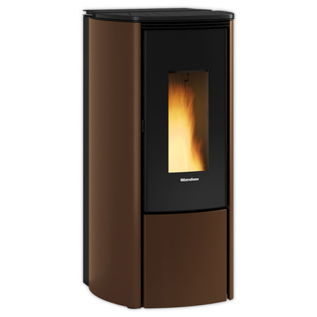 Extraflame beluefteter Pelletofen KATIA 9 5.0 EVO in Bronze mit schwarzer Glasfront und sichtbarer Flamme, abgerundeten Seiten | Klimaworld.com