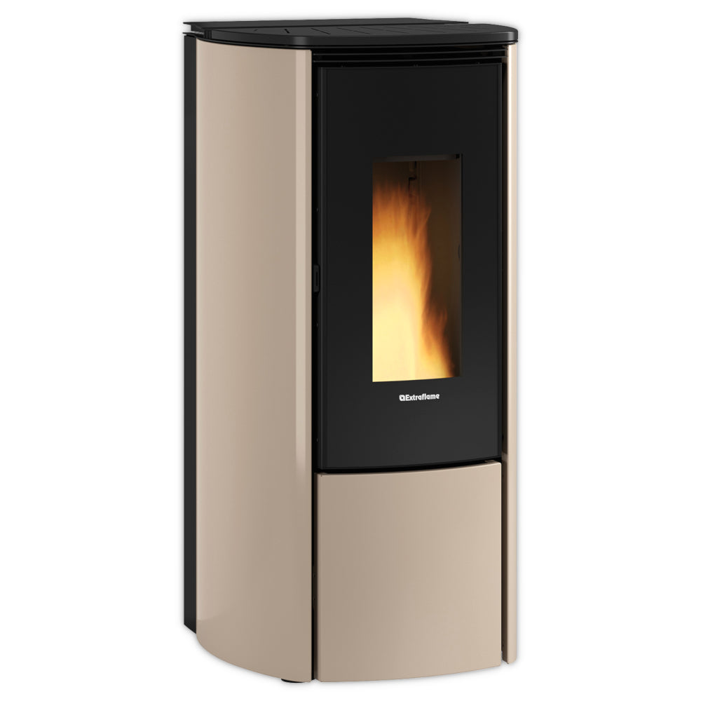 Extraflame beluefteter Pelletofen KATIA 9 5.0 EVO in Taupe mit schwarzer Glasfront und sichtbarer Flamme, abgerundeten Seiten | Klimaworld.com