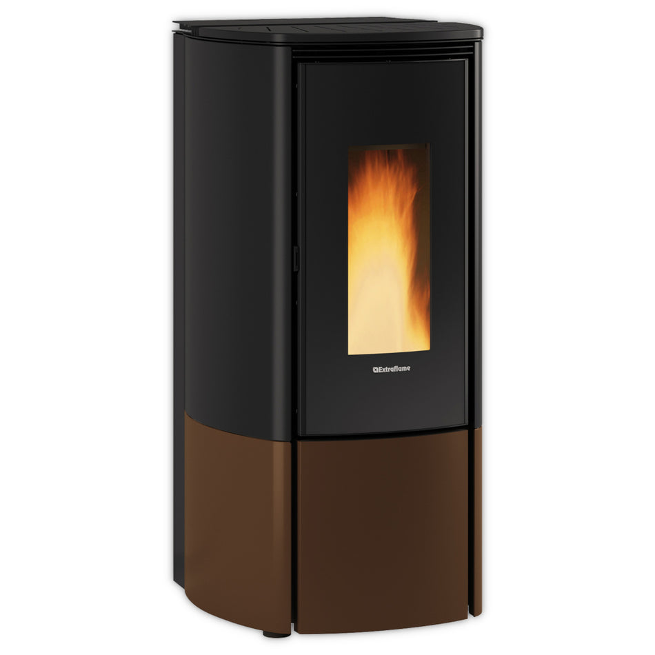 Extraflame beluefteter Pelletofen KATIA 11 5.0 EVO in Bronze mit schwarzer Glasfront und sichtbarer Flamme, abgerundete Seiten | Klimaworld.com
