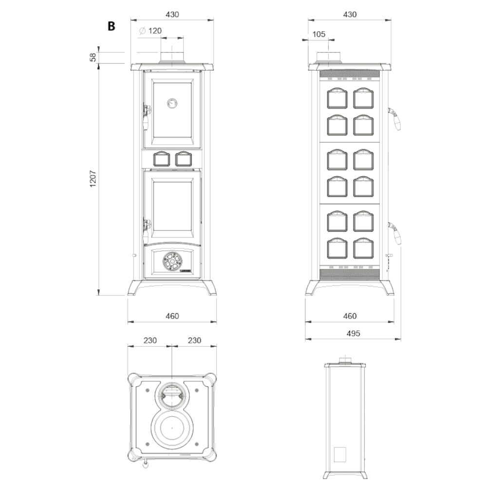La Nordica Kaminofen Holzofen GEMMA FORNO.16 CERAMICA Masszeichnung | Klimaworld.com