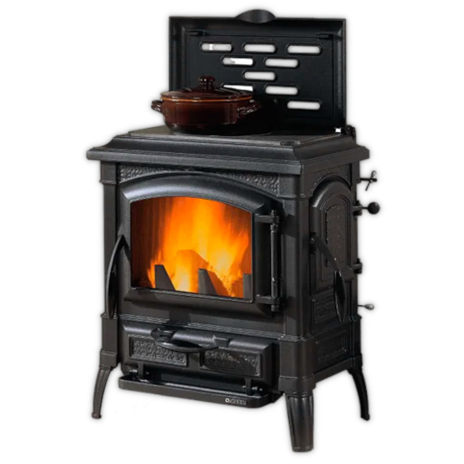 La Nordica Holzofen ISETTA CON CERCHI.16 Gusseisen, Sichtfenster mit Feuer, Kochplatte mit Topf, Beine | Klimaworld.com