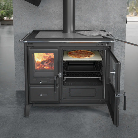 La Nordica Holzherd GARDENIA XXL STEEL mit offenem Backofen, Pizza auf Stein, sichtbares Feuer | Klimaworld.com