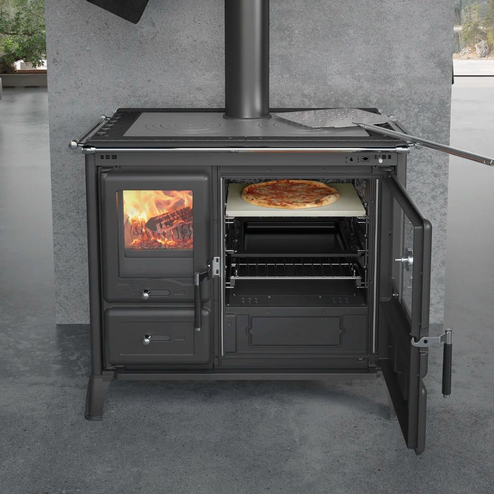 La Nordica Holzherd GARDENIA XXL PETRA mit offenem Backofen, Pizza auf Stein, sichtbares Feuer | Klimaworld.com