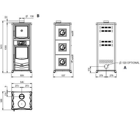 Rossella Plus Forno.16 Ceramica als technische Zeichnung mit Vorder-, Seiten- und Rueckansicht sowie Massenangaben | Klimaworld.com