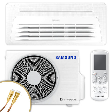 Samsung Klimaanlage Set WindFree: flaches Deckengeraet, Aussengeraet mit Luefter, weisser Fernbedienung, Quick-Connect Anschlüsse | Klimaworld.com