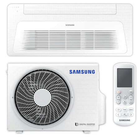 Samsung Klimaanlage Set WindFree bestehend aus flachem Deckengeraet, Aussengeraet mit Luefter und weisser Fernbedienung | Klimaworld.com