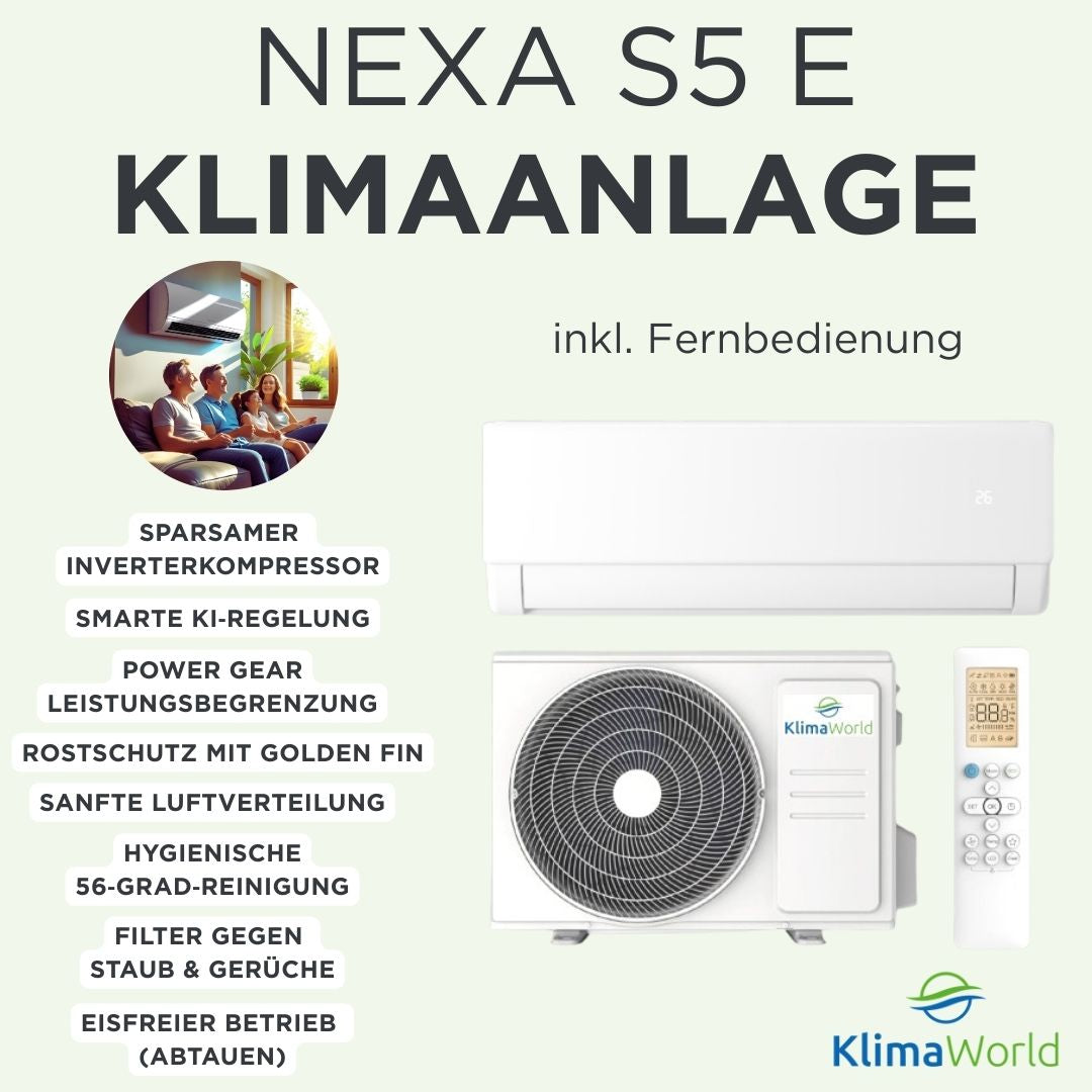Funktionen der Nexa S5 E Klimaanlage mit Innengeraet, Außengeraet und Fernbedienung | Klimaworld.com