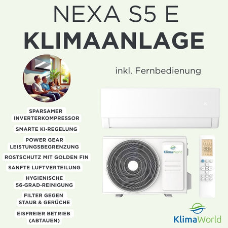 Funktionen der Nexa S5 E Klimaanlage mit Innengeraet, Außengeraet und Fernbedienung | Klimaworld.com