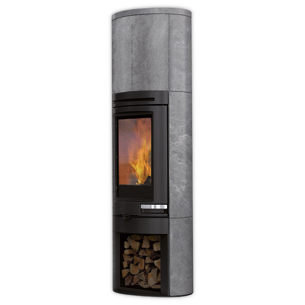 Edilkamin Kaminofen Tally S Int mit Holzlagerfach und Flammenbild, Natursteinverkleidung | klimaworld.com