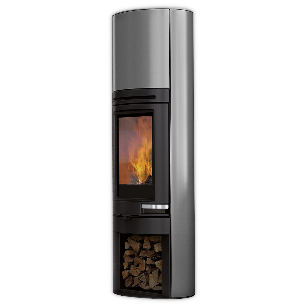 Edilkamin grauer Kaminofen Tally S Int mit Holzlagerfach und Flammenbild | klimaworld.com