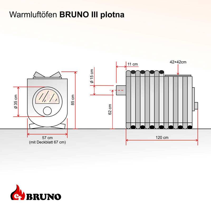 Luftheizofen BRUNO MINI III - Keramikverkleidung - Technische Zeichnung