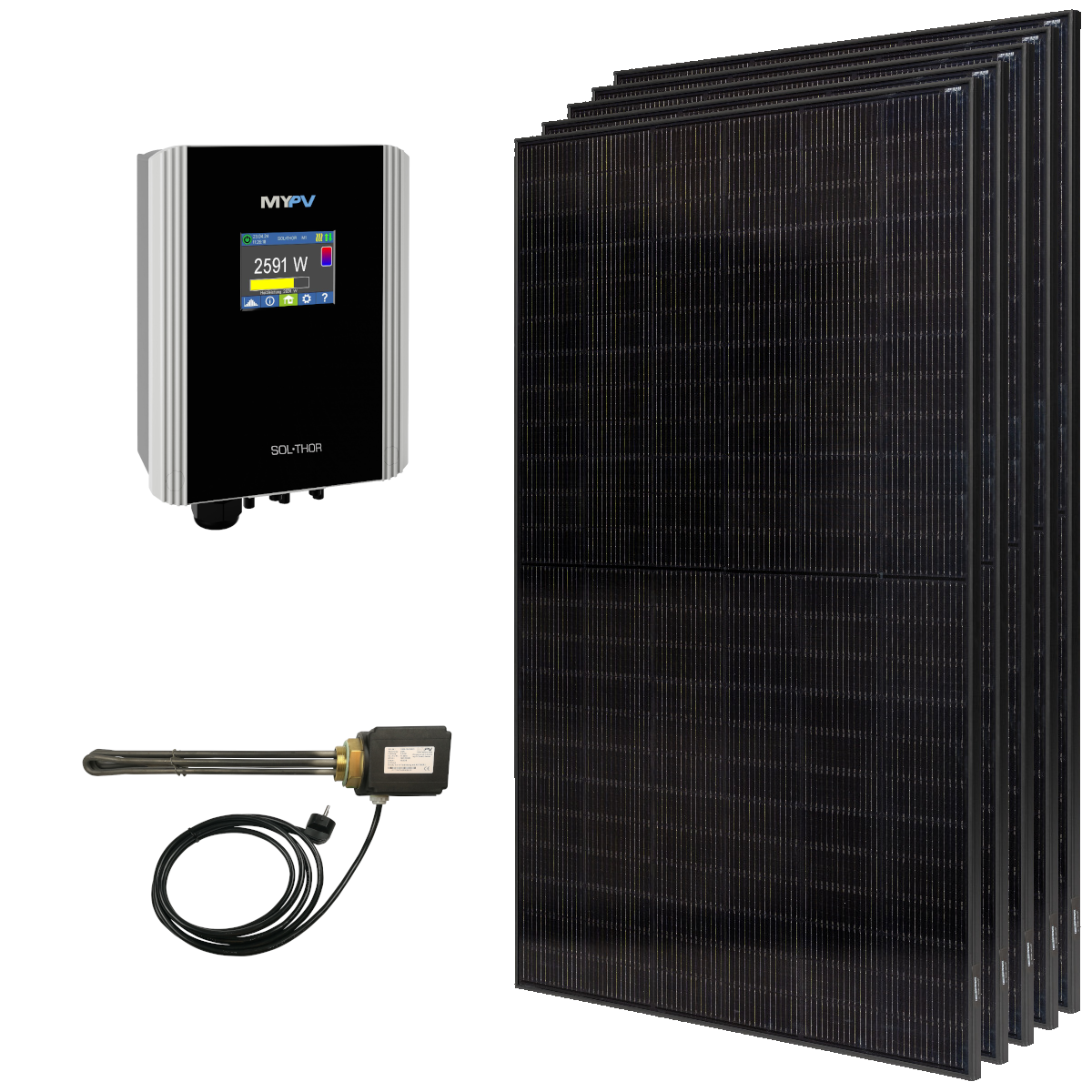 MYPV Basic Solar Set bestehend aus SOL THOR, einem 3kW Heizstab und 5 schwarzen Solarmodulen | klimaworld.com