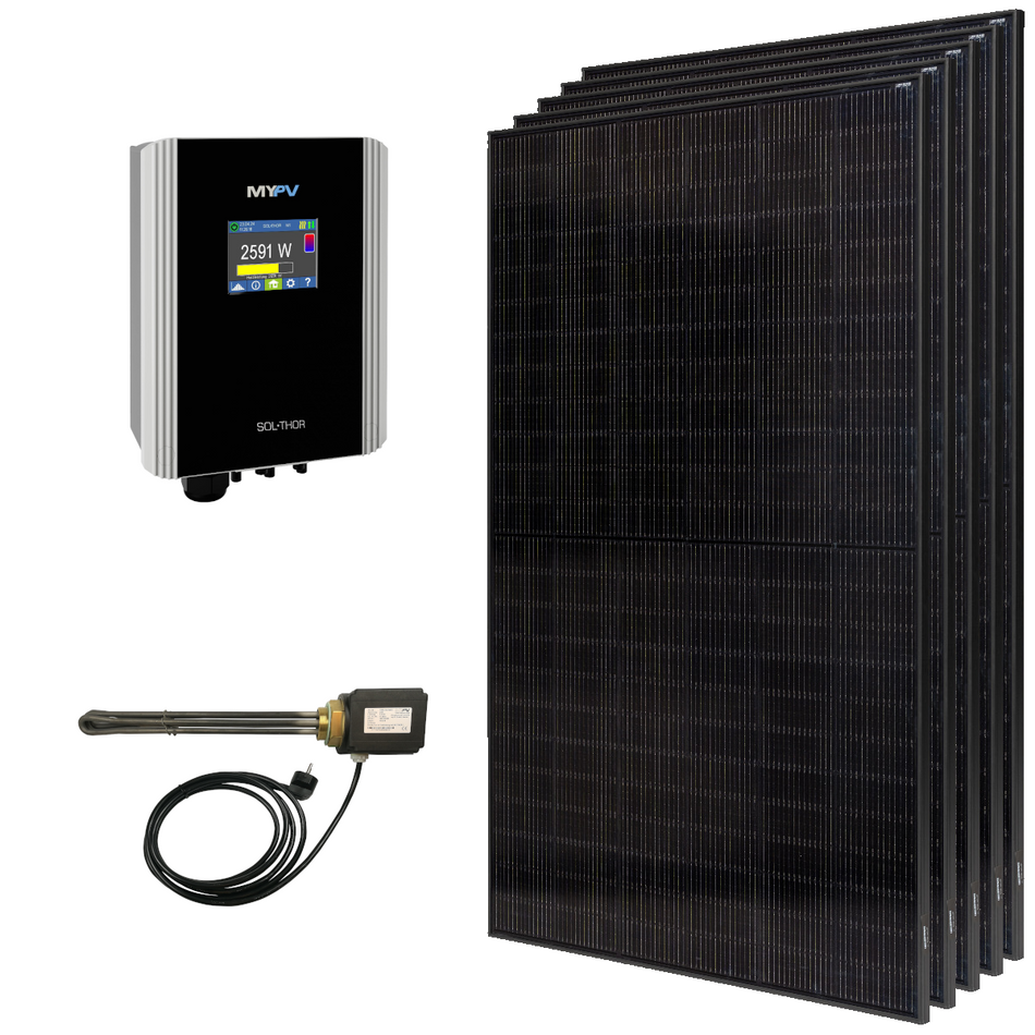 MYPV Basic Solar Set bestehend aus SOL THOR, einem 3kW Heizstab und 5 schwarzen Solarmodulen | klimaworld.com