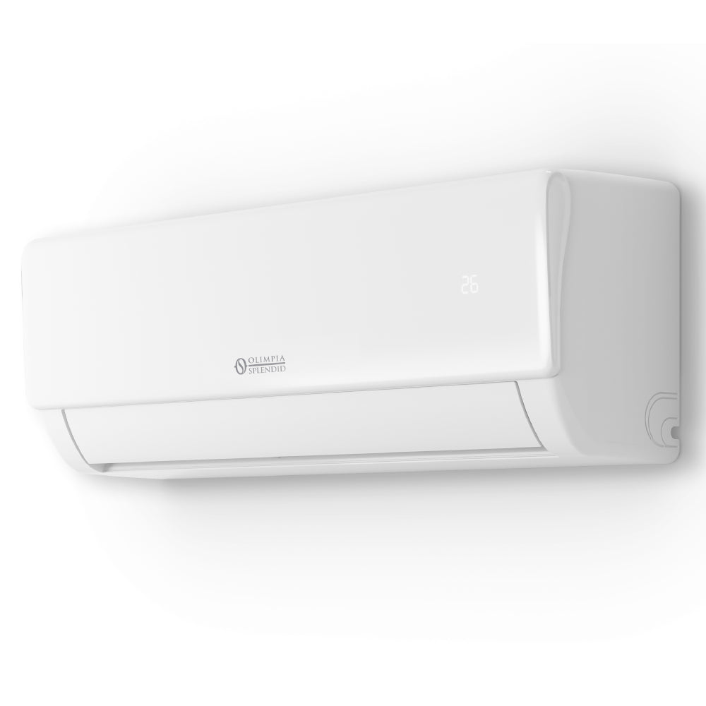 OLIMPIA SPLENDID NEXYA S5 E INVERTER weisses Wandgeraet mit abegrundeten Ecken und Temperaturanzeige, Markenlogo mittig, seitliche Ansicht | Klimaworld.com