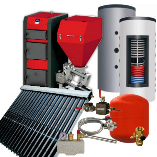 Kombikessel-Set HKP 30 mit Solarthermie, Anschlusszubehör und 1x 1000L Pufferspeicher und 1x 1000L Hygienespeicher mit 2WT