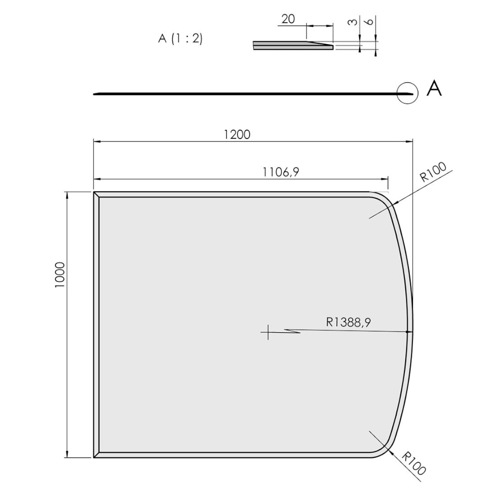 TermaTech | Bodenplatte Segmentbogen Facet | 1000×1200×6 mm | Glas