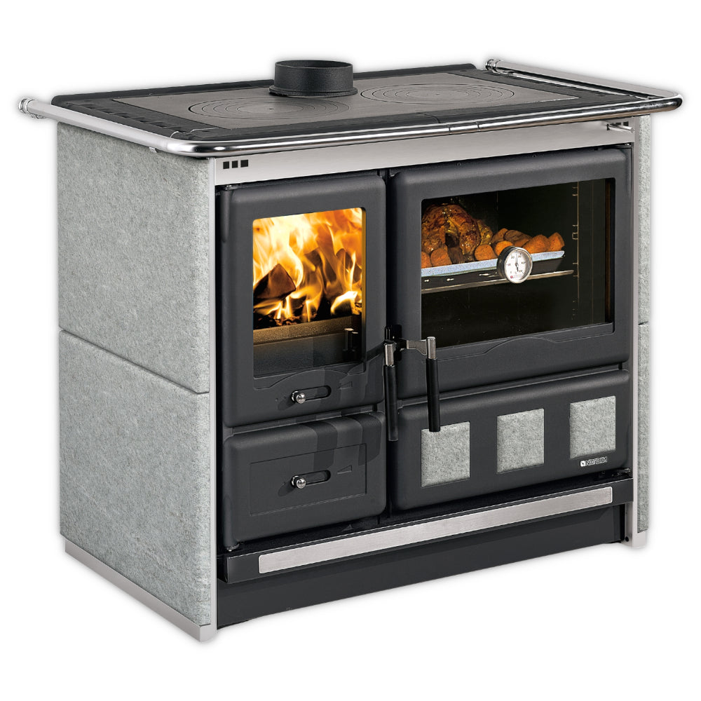 La Nordica Kuechenofen Rosa.16 XXL, schwarze Front mit Naturstein-Verkleidung und Glasfeuerraum, Backofen mit Thermometer | Klimaworld.com