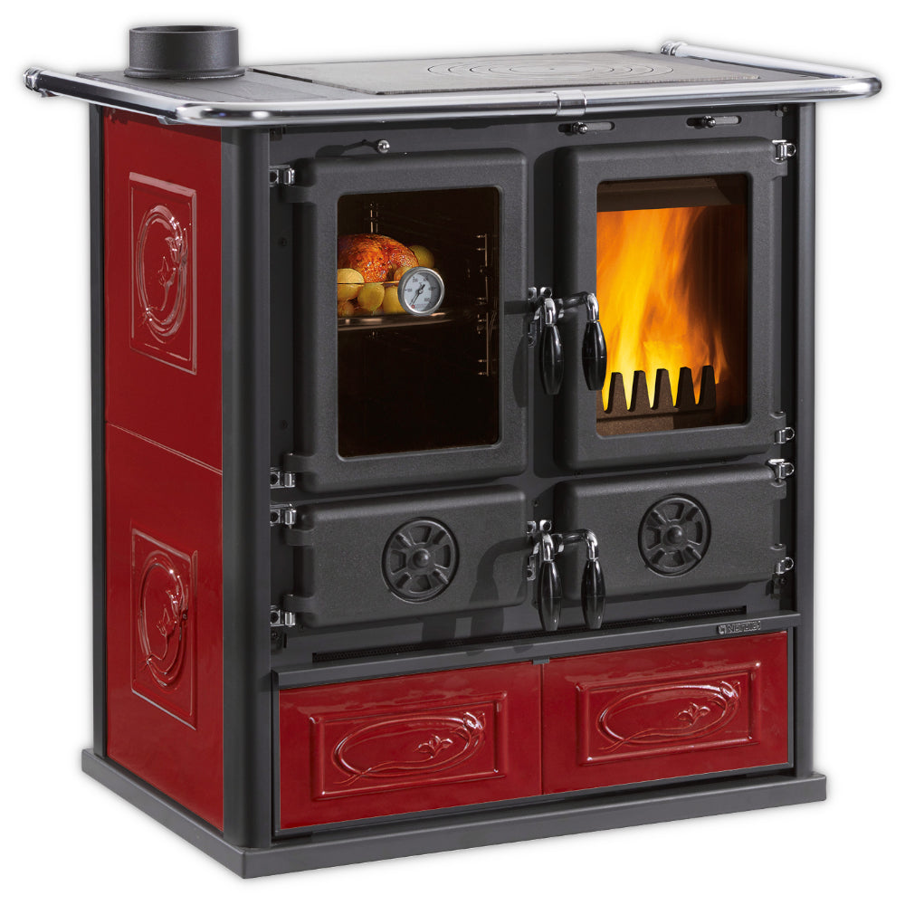 La Nordica Kuechenofen ROSETTA SX.16 CERAMICA, bordeauxrote Seiten, schwarze Front, Backofen links, Feuerraum rechts, verzierte Holzschublade | Klimaworld.com