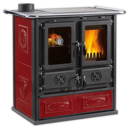 La Nordica Kuechenofen ROSETTA SX.16 CERAMICA, bordeauxrote Seiten, schwarze Front, Backofen links, Feuerraum rechts, verzierte Holzschublade | Klimaworld.com