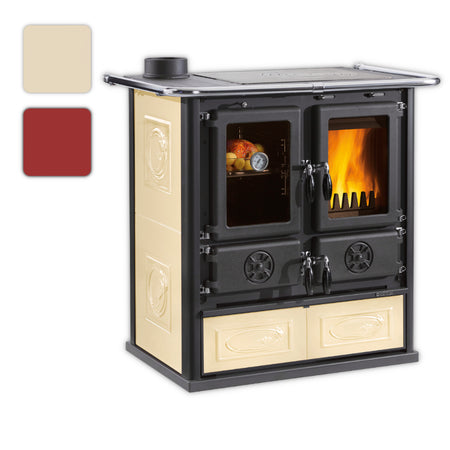 Farbwahlbild: La Nordica Kuechenofen ROSETTA SX.16 CERAMICA, beige Seiten, schwarze Front, Backofen links, Feuerraum rechts, verzierte Holzschublade | Klimaworld.com