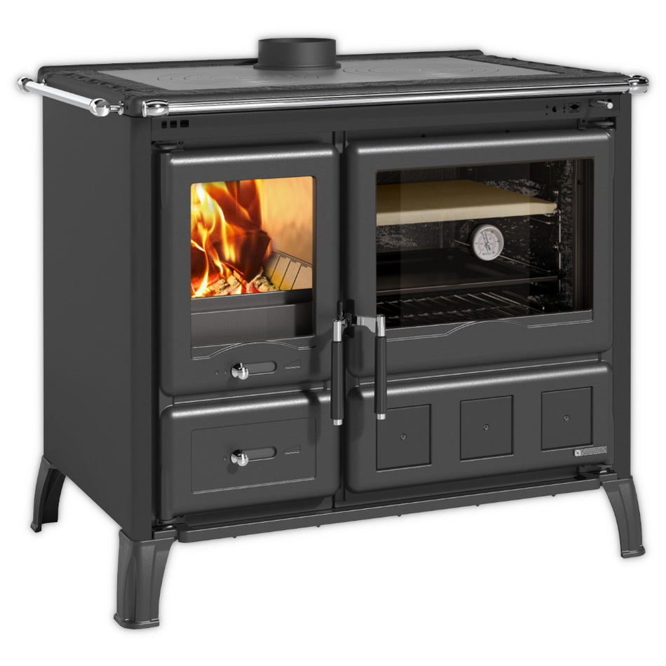 La Nordica Gardenia XXL Steel Kuechenofen auf Fuessen, mit Sichtfenster und Backofen mit Pizzastein | Klimaworld.com